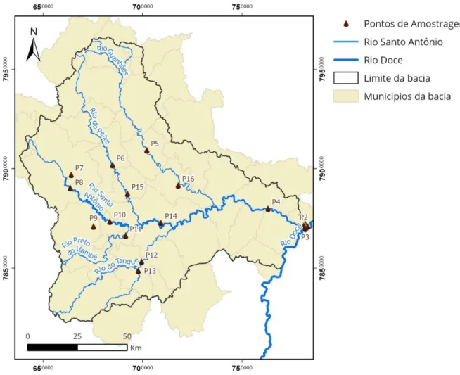Figura 1.4 - Pontos de amostragem na Bacia do Rio Santo Antônio. Fonte: Elaborado pela autora com base nos  dados do IBGE (2021) e IDE-SISEMA/MG (2022)