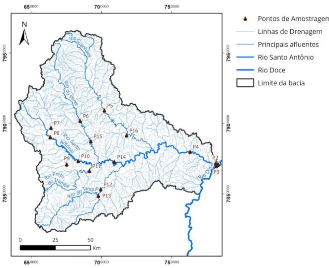Figura 3.2 - Hidrografia da Bacia do Rio Santo Antônio. Fonte: Elaborado pela autora com base nos dados do  IDE-SISEMA/MG (2022)
