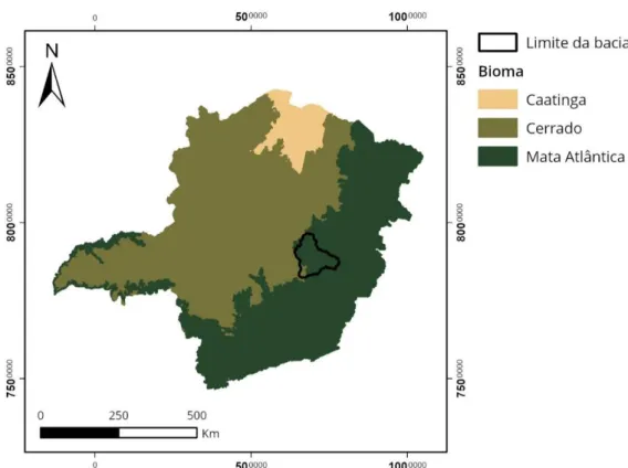 Figura 3.3 - Mapa de biomas do estado de Minas Gerais com a bacia do Rio Santo Antônio demarcada