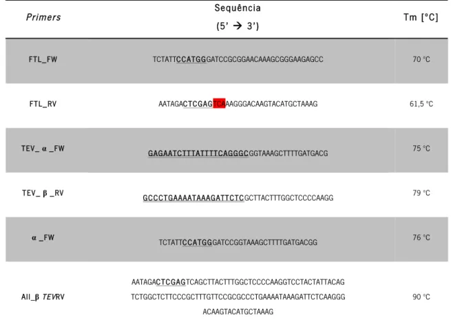Tabela 2.3:  Primers usados durante este trabalho. A “sublinhado” estão identificados os sítios  de reconhecimento de enzimas de restrição usados nas clonagens