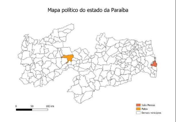 Figura  2  –  Mapa  geopolítico  do  estado  da  Paraíba  e  localização  geográfica  do  município de Patos e da capital João Pessoa