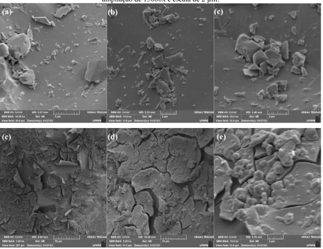 Figura 25 – Imagens microscópicas de MEV da pirita após tratamento da solução aquosa. (a) ampliação  de 10000x e escala de 5 µm