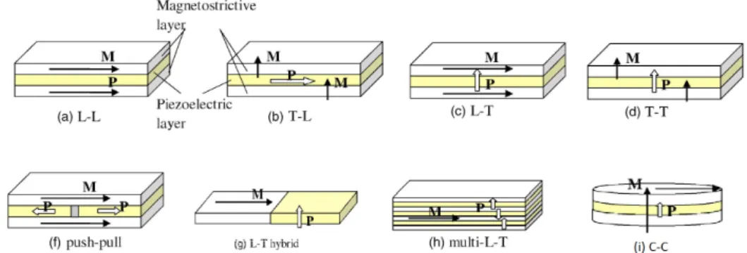 Figura 2.4: Modos de ligação dos compósitos ME laminados: a) L-L; b) T-L; c) L-T; d) T-T; e) push-pull; f) L-T uniforme; g) L-T hibrido; h) multi L-T; i) C-C [3]