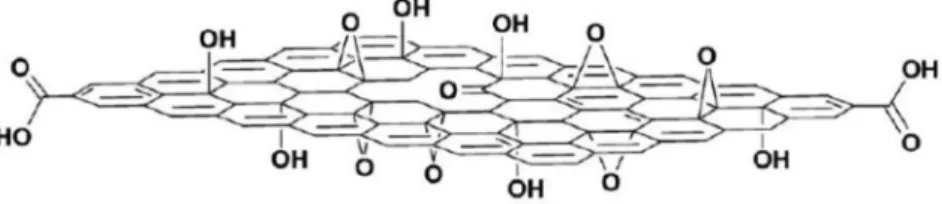 Figure 1.8 Chemical structure of GO according to the model proposed by Lerf and Klinowski [44]