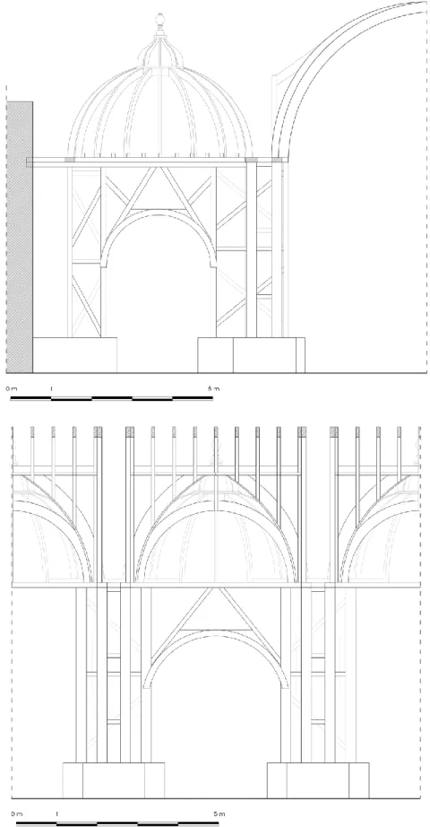 Figure 38. Section A–A’ (top) and section B–B’ (bottom) of the representative bay of the Ica Cathedral