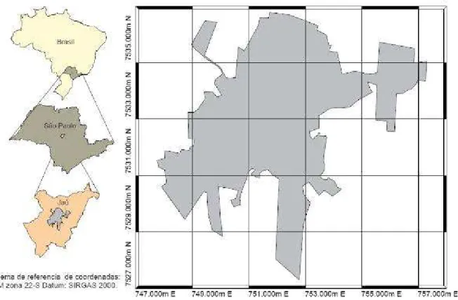 Figura  1.  Mapa  de  localização  do  município  de  Jaú  e  seu  perímetro  urbano  em  evidencia