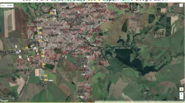 Figura 3. Mapa de ocorrências de queimadas no perímetro urbano do município de  Jaú no ano de 2013, elaborado e disponível no Google Earth