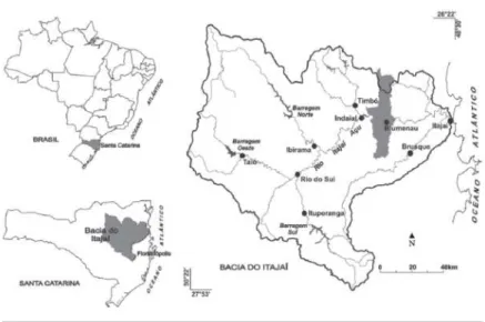 Figura 1. Área de estudo: localização do município de Blumenau na bacia  hidrográfica do rio Itajaí, estado de Santa Catarina
