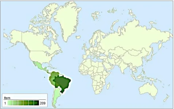 Figura 3 – Mapa de distribuição do gênero Roupala na América Latina, representada  pelas áreas verdes