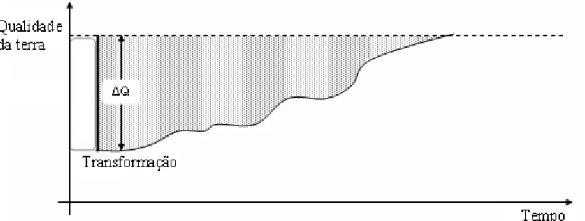 Figura 1. Uso da terra por um processo de transformação, ΔQ representa a mudança inicial na  qualidade  da  terra,  e  a  área  sombreada  representa  o  impacto  da  transformação  (MIL À   I  CANALS, 2007)