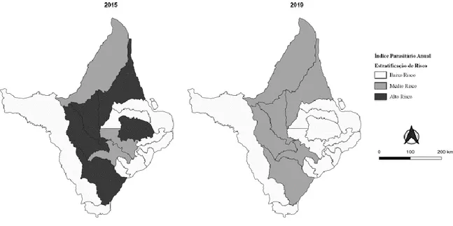Figura 1. Evolução da estratificação de risco para Malária por município a partir do Índice Parasitário Anual no estado  do Amapá