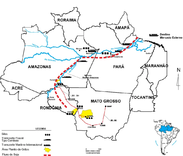 FIGURA 1 - Rede Territorial: transportes e circulação de soja Amazônia Meridional  Fonte: Silva, 2005.