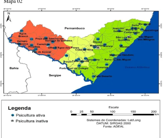 Figura 02: Espacialização das pisciculturas no Estado de Alagoas 
