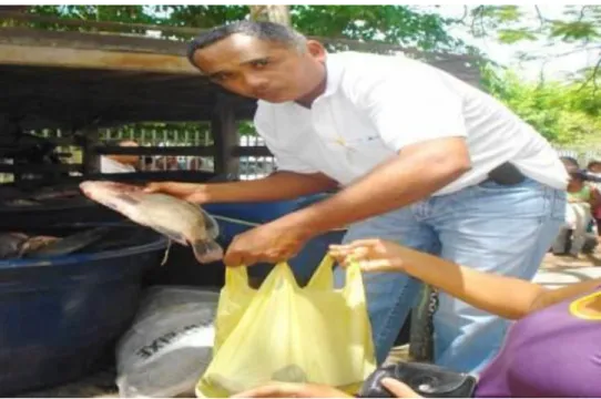 Figura  10:  Entrega  de  peixe,  via  projeto  CONAB.  Assentado  Enoque  Ferreira  de  Oliveira  entregando  peixe  à  beneficiária da cidade de Delmiro Gouveia, em janeiro de 2010