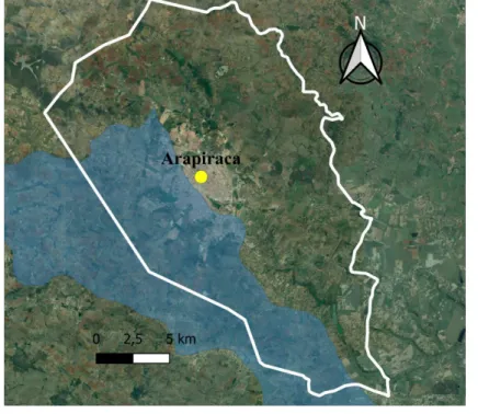 Figura 4 – Faixa de contribuição da bacia do Perucaba (em azul) no município de Arapiraca (delimitado em branco)