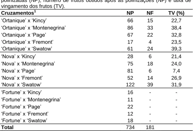 Tabela 5. Cruzamentos controlados realizados em Mucugê, Ba. Número de flores  polinizadas  (NP),  número  de  frutos  obtidos  após  as  polinizações  (NF)  e  taxa  de  vingamento dos frutos (TV).