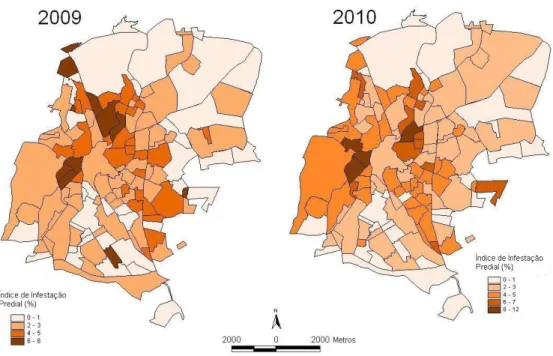 Figura 3. Índice de Infestação Predial nos anos 2009 e 2010 nos bairros da cidade de Montes Claros