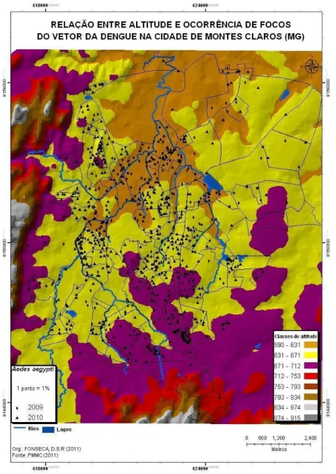 Figura 4. Representação das altitudes da cidade de Montes Claros e do índice de infestação predial, por  bairros, referentes aos anos 2009-2010 