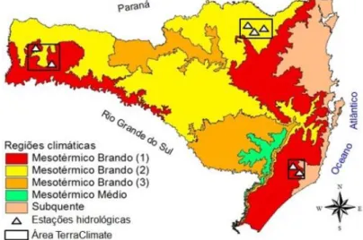 Figura  1-  Localização  das  estações  hidrológicas  utilizadas  no  estudo  e  áreas  selecionadas para obtenção dos dados de precipitação pelo TerraClimate  em  Santa  Catarina  com  suas  regiões  climaticamente  homogêneas  de  acordo com Thomé et al