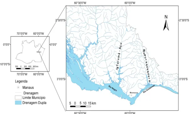 Figura 01: Localização da cidade de Manaus e das bacias hidrográficas do Tarumã-Açu e Puraquequara