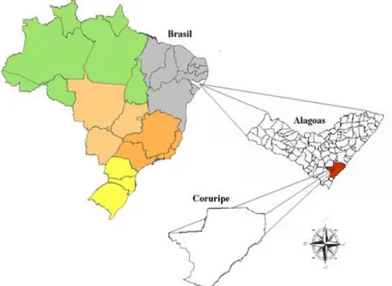 Figura 1. Localização geográfica da área de estudo. Em destaque, o município de Coruripe, Alagoas