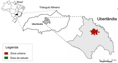 Figura 1 - Mapa demostrando os limites geográficos do remanecente de Cerradão estudado, Uberlândia,  MG (adaptado de PRADO JÚNIOR et al