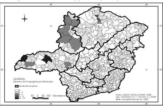 Tabela 2 - Ocupações de terra e famílias envolvidas em cada mesorregião de Minas Gerais entre 1988 e 1999