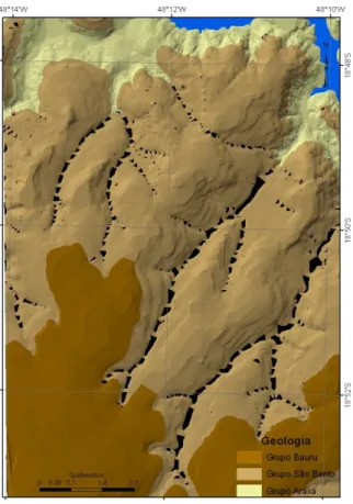 Figura 11 – Espacialização incorreta de solos estruturados,cor preta,  no dominío dos basaltos 