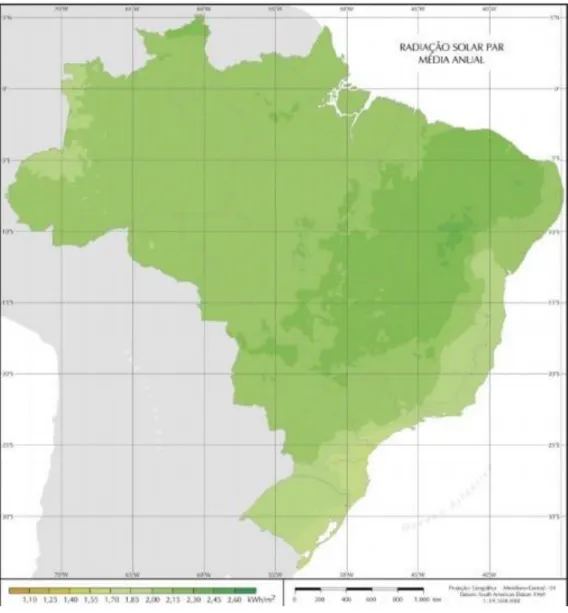 Figura 3 - Média da radiação solar anual no território brasileiro.  