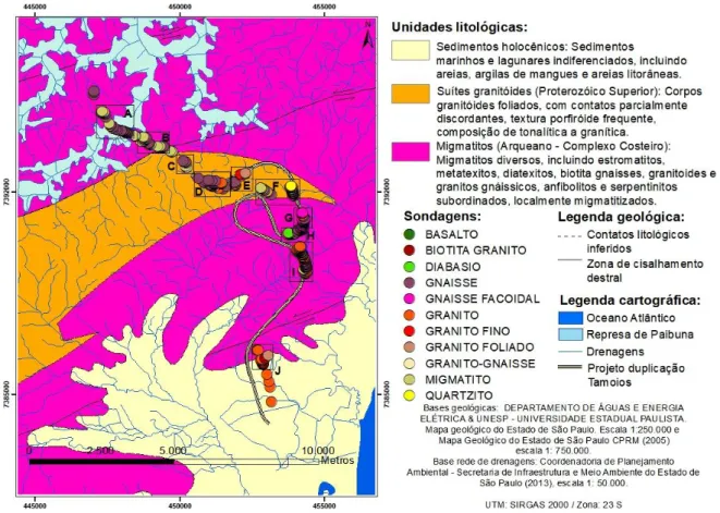 Figura  4.1  -  Mapa  geológico  da  área  de  estudo  com  dados  litológicos  de  sondagens  fornecidas  pela  empresa  Queiroz Galvão