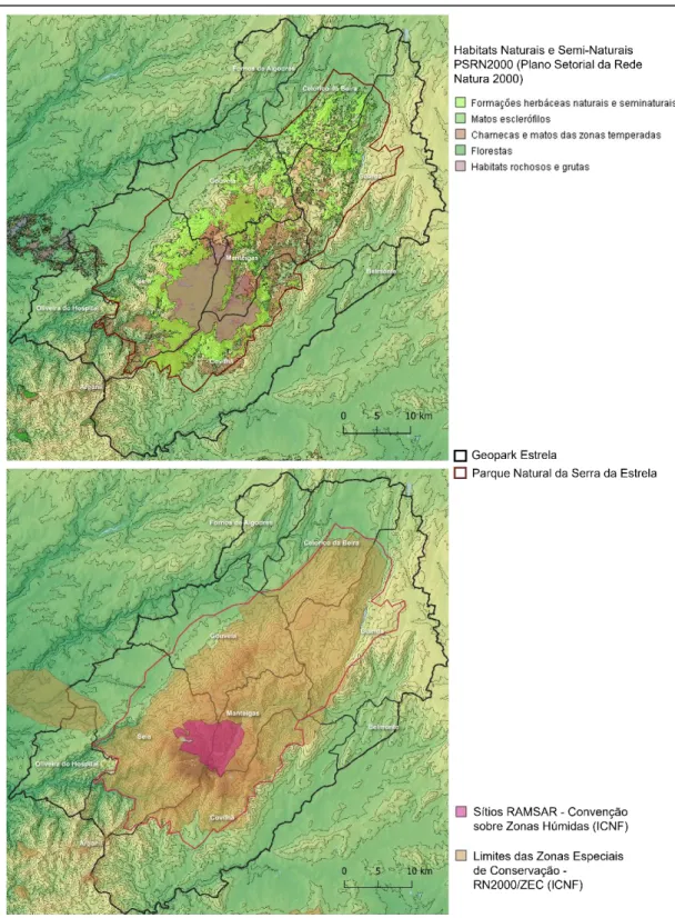 Figura 8- Enquadramento da Serra da Estrela no Plano Setorial da Rede Natura 2000; Convenção sobre as Zonas  Húmidas e Limites das Zonas Especiais de Conservação
