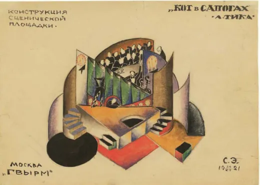 Figura 3 – Concepção cenográfica de Sergei Eisenstein para o Puss in Boots de Ludwig Tieck (1ª variação, Moscovo, GVYRM,  1921)