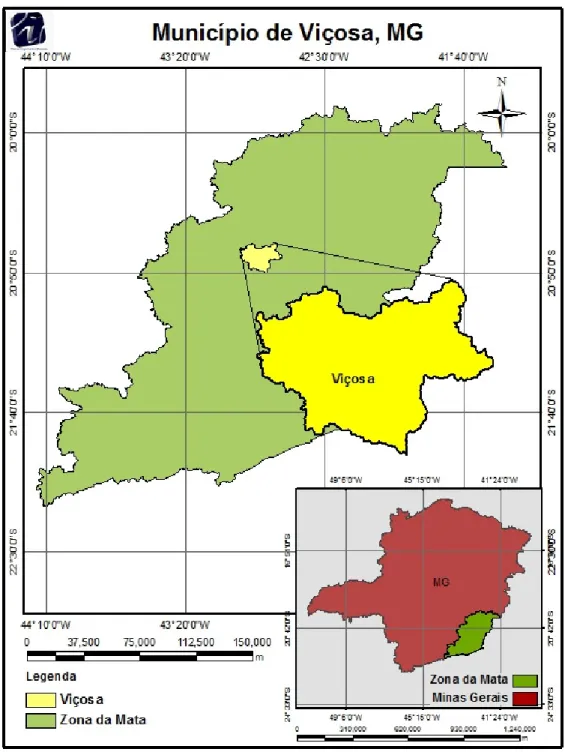 Figura 2 - Localização de Viçosa no Estado de Minas Gerais e na região da Zona da Mata