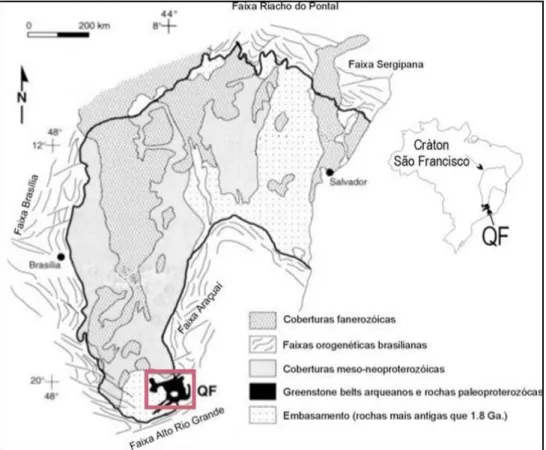 Figura 2.1: Mapa geológico simplificado para o Cráton São Francisco com destaque para o Quadrilátero  Ferrífero (Modificado de Alkmim &amp; Marshak 1998).