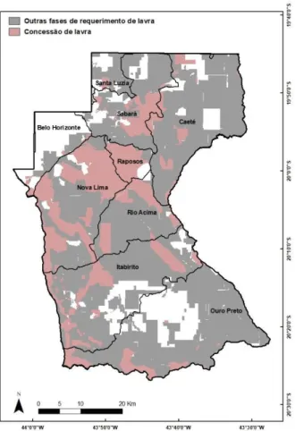 Figura 6.7: Regiões da área de estudo em que se tem requerimento de lavra com destaque para as zonas que estão  na fase de concessão de lavra (Fonte: DNPM 2020)