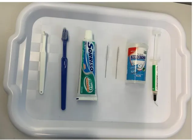 Figura  1.  Bandeja  utilizada  para  auxiliar  os pacientes a  identificar  quais  instrumentos lhes  foram  indicados  e  quais  utilizavam para higienizar as áreas reabilitadas com implantes dentários 