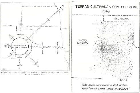 Figura 2 – Modelo e cartograma na análise da produção de sorgo no Texas, Estados Unidos