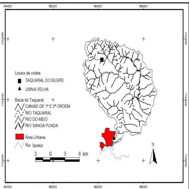 Figura 4 – Localização dos Pontos de Coleta de Água e apresentação da Hierarquia Fluvial da Bacia  Hidrográfica do Taquaral