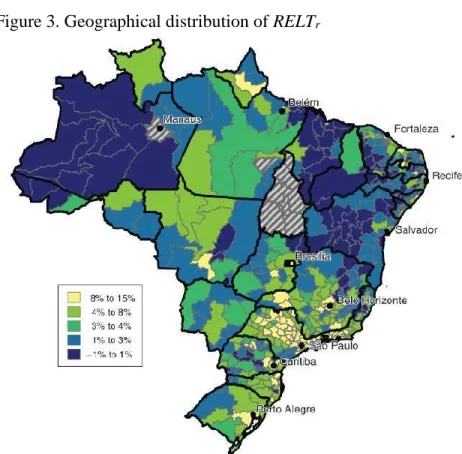 Table 2 shows that the average tariff reduction per microregion in Brazil was 4.3%,  the largest reduction was 15.3%, and at the 25th percentile, 75% of the microregions studied  had reductions of more than 3%