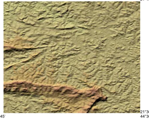 Figura 1. Estrutura quartzítica representativa da Serra de Carrancas (SRTM), orientada na direção E-W e  posicionada na parte meridional do imageamento (compatível com a Folha SF-23-X-C-I-4, IBGE/1:50000)