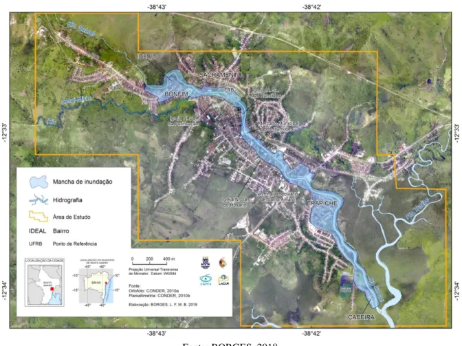 Figura 4: Delimitação da mancha de inundação do rio Subaé conforme questionários aplicados em 2017 na zona urbana  de Santo Amaro, Bahia 