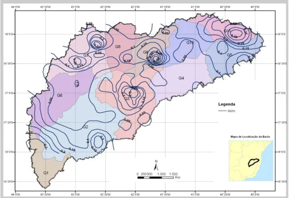 Figura 6: Distribuição das vazões específicas médias dos poços inventariados pela RURALMINAS (1995)  Considerando que a produtividade dos poços é baixa, a questão da disponibilidade de água  subterrânea deixa de ser fator importante de distinção entre as u