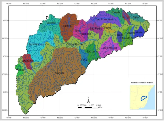 Figura 2: Sub-bacias de drenagem da porção mineira da bacia do rio Jequitinhonha  Fonte: FERREIRA, Vanderlei de Oliveira (2011) 