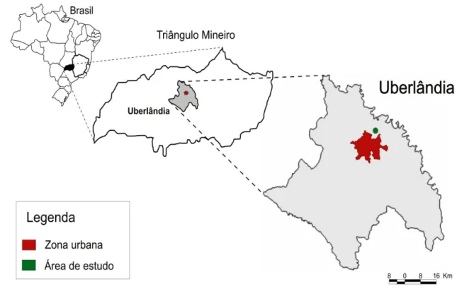 Figura 1. Localização geográfica do remanescente de floresta estacional semidecidual, Uberlândia, MG