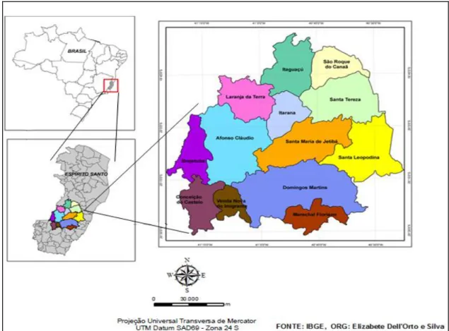 Figura 1- Mapa de localização geográfica dos municípios da região Serrana do Estado do Espírito Santo