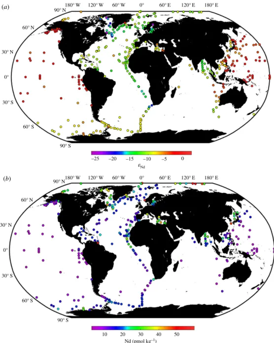 Figure 2. Map of surface (or shallow subsurface) seawater ( a ) Nd isotopic compositions and ( b ) Nd concentrations