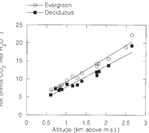 Figure 2.3 Water-use efﬁciency (A/E) of evergreen and deciduous species occurring  along an altitude gradient in the northern Rocky Mountains