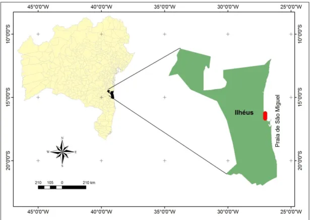 Figura 1: Mapa de localização da área de estudo, praia de São Miguel, Ilhéus, BA. 