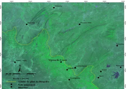 Figura  4:  Glint  da  Ibiapaba,  demarcado  pela  linha  de  contorno  verde  claro.  O  glint  faz  o  contato,  na  vertente,  entre  a  bacia  sedimentar  paleozóica  do  Parnaíba  e  o  embasamento  cristalino,  no  qual  se  sobressaem diversos maciç