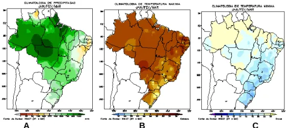FIGURA 5 - Climatologias de precipitação (A) e temperaturas máxima e mínima (B e C) para o trimestre  janeiro, fevereiro e março